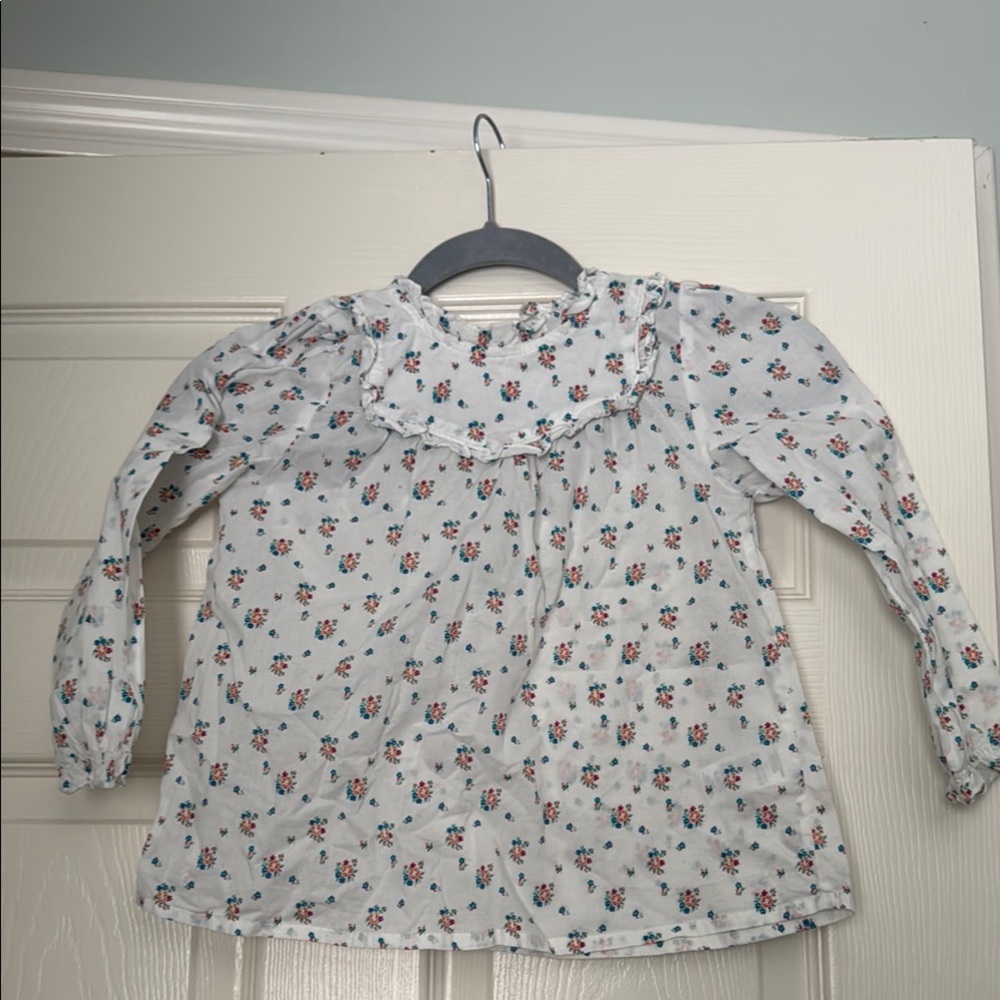 White and Red Floral Blouse Lightweight Long Sleeve